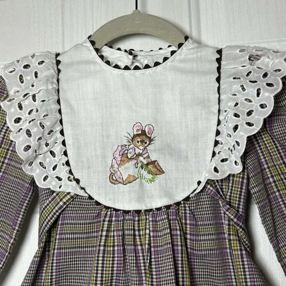 Girls VTG Dress Sz 5 Embroidered Mouse Lace‎ Collar Sleeves Gingham Print Tie